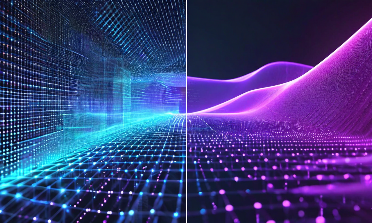 トランスフォーマーの離散的なトークン処理から、スペクトル生成フロー モデルの連続的な場のモデルへの概念的転換を表現したビジュアル。左側に格子状に配列された青く光るトークンキューブ、右側に紫と青のグラデーションで流動する波動的な場が示され、中央の矢印で両者の変換を示唆している。物理的で未来的な雰囲気。