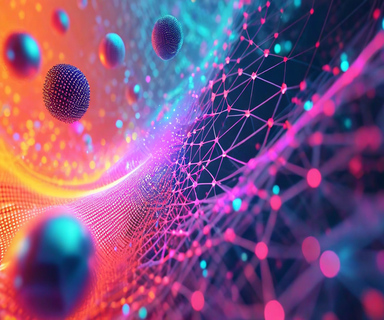 Abstract visualization of data compression in a neural network latent space, showing colorful high-dimensional data streams being transformed into simplified geometric shapes, with some forms appearing sharp and others blurred, representing the concept of physical representation laziness in world models