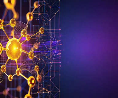 Split composition showing an iron-sulfur molecular cluster structure on the left meeting abstract quantum computing visualization with circuit patterns and wave functions on the right, representing quantum chemistry simulation