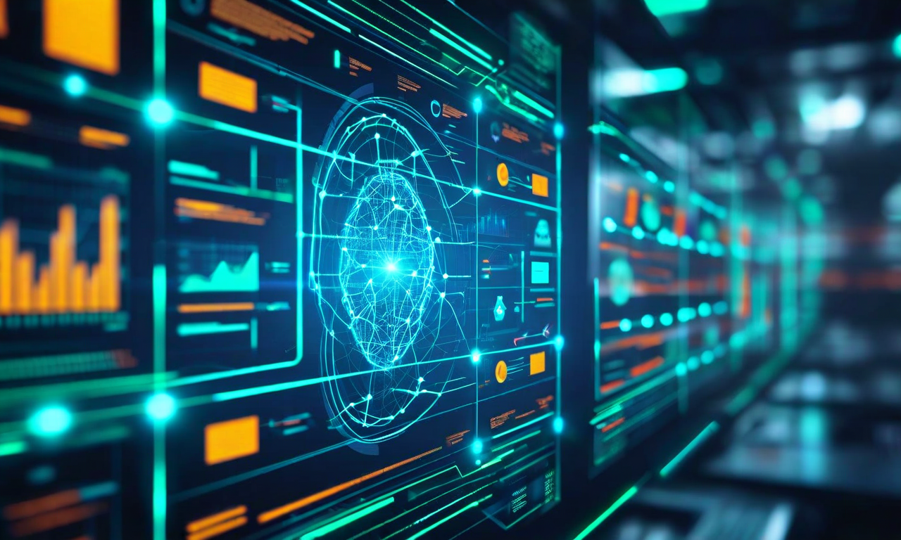 予測保全システムの概念図。IoTセンサーからのデータ収集、AI技術による異常検知、予測モデルの適用、先制的な保全実行という4つのステップが循環する流れを示す。デジタルインターフェース、発光するノード、データストリーム、機械学習プロセスが視覚化されている。