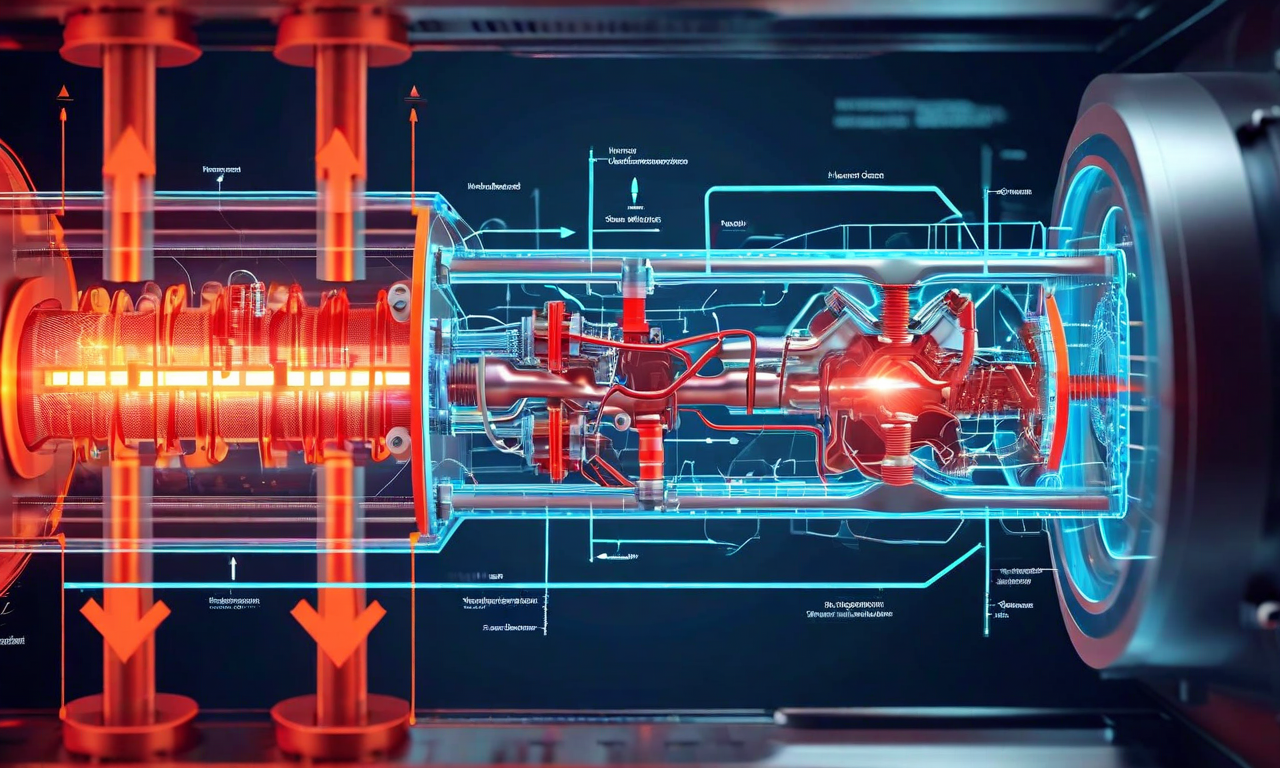 スターリングサイクル機関の動作原理を示す技術図。左側の熱源（赤色）と右側の冷却源（青色）の間で作動ガスが循環する様子を描いており、圧縮・膨張プロセス、ピストンの機械的動き、機械的クリアランス空間、および熱勾配が視覚化されている。矢印で気体の流れの方向を示し、内部構造が透視図で表現されている。