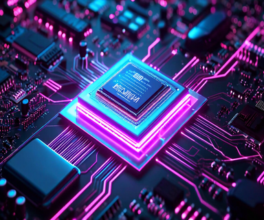 Split composition showing a luminous AI processor chip with high-bandwidth memory on one side and consumer electronics including a smartphone, car, and laptop on the other, connected by circuit pathways against a dark technological background, illustrating supply chain competition