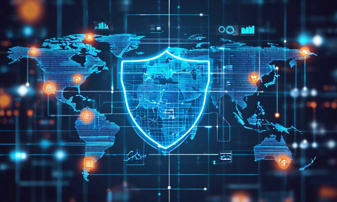 地政学的リスク、規制リスク、市場リスク、技術リスクの4つのリスク領域が、構造化された防御シールドアーキテクチャ内で統合・管理される様子を示す専門的なイラスト。複数の層状保護メカニズムと相互接続されたノード、データフローが視覚化されている。