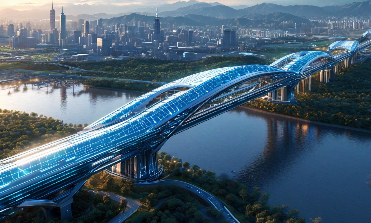 Aerial view showing a symbolic connection between Taiwan and the United States represented by a bridge made of semiconductor wafers and microchips, with modern fabrication facilities visible on the US side, rendered in blue and silver tones suggesting high-tech manufacturing investment