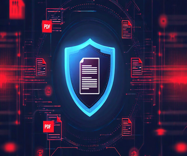 A PDF document icon protected by a transparent shield, surrounded by abstract representations of security threats including code fragments and warning symbols, illustrating PDF security and threat mitigation
