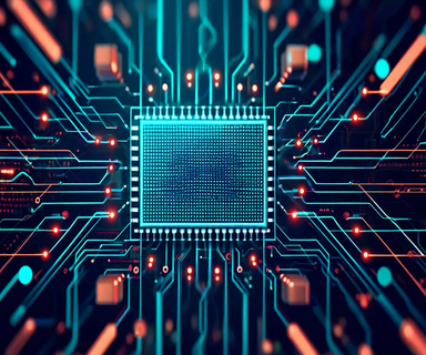A specialized computer processor chip at the center with geometric patterns representing convolutional neural network layers and optimized data pathways flowing around it, rendered in blue and silver tones against a dark background