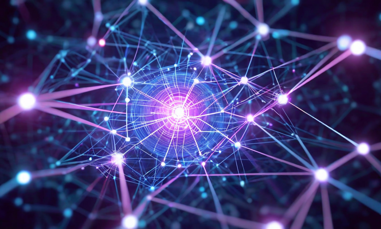 複数の変数が相互に作用し、様々な制約条件を示す線や経路がネットワーク図として表現されている。これらの要素が中心に集約し、中央にターゲット企業を示すノードが位置している。システム思考における最適なターゲット選定プロセスを視覚化した抽象的なイメージ。