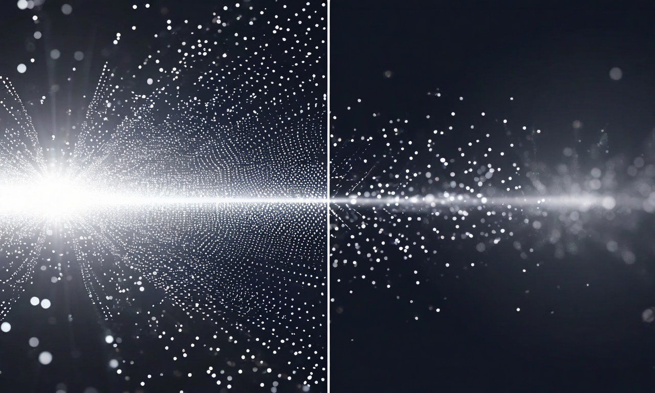 ノイズから信号への変換を表現したビフォーアフター画像。左側は散らばった多くの灰色の粒子と断片化されたドットが混在する混沌とした状態を示し、右側は明るく輝く点が集中して収束し、焦点を絞った光のビームを形成する状態を示している。左から右への段階的な変換により、高ボリュームで焦点の定まらない応募から高品質でターゲット化された応募への転換を視覚化している。