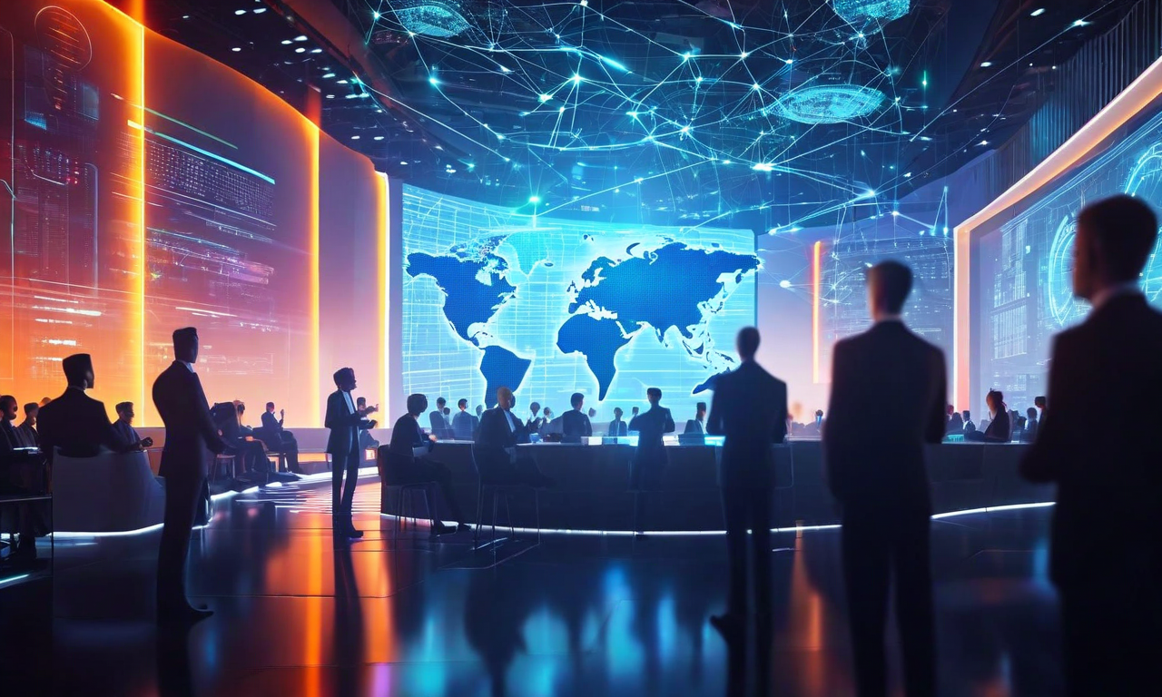 ダボス会議2024におけるAI中心の戦略転換を表現した画像。複数のテクノロジーリーダーたちが現代的な会議室に集結し、ホログラフィックなAIインターフェースと発光するニューラルネットワークに囲まれながら、AI技術について議論・競争している様子。未来的で動的な雰囲気が演出されている。