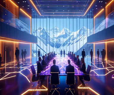 Aerial view of business executives at an elite conference examining glowing holographic AI neural networks, set in a modern summit hall with mountain views, rendered in blue and gold tones