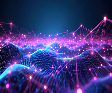 Abstract visualization of tensor network optimization showing connected city nodes in a traveling salesman problem with a chain of three-dimensional tensors representing matrix product states, rendered in blue and purple gradients with flowing probability distributions