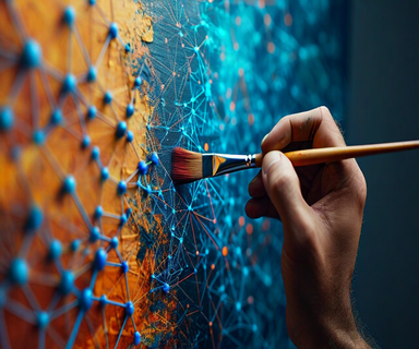 Split composition contrasting human artistic creation with traditional paintbrush and textured canvas against digital neural network visualization with geometric patterns, illustrating the distinction between human and AI-generated content