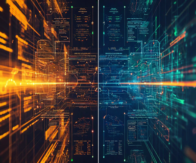 Split composition contrasting two developer philosophies: left side shows detailed hand-crafted code blueprints with warm lighting representing craft-oriented approach, right side shows rapid AI-assisted code streams with electric colors representing outcome-focused approach