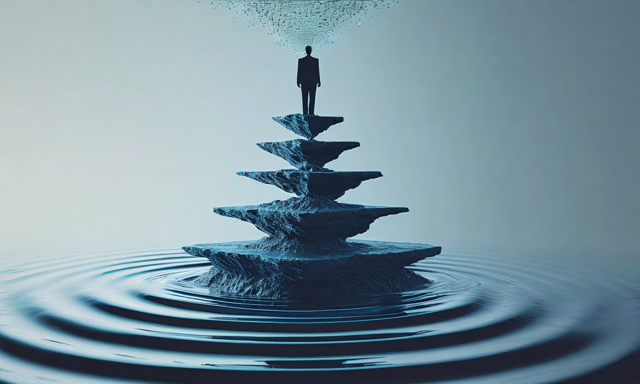 経営幹部の離職による組織内の連鎖反応を表現した抽象的なビジュアル。上層部の人物から波紋が放射状に広がり、中層管理職とジュニア研究者へと波及していく様子を示している。上部は明確な構造を持つが、下部に向かうにつれて接続が断絶し、情報が拡散していく様子が視覚化されている。