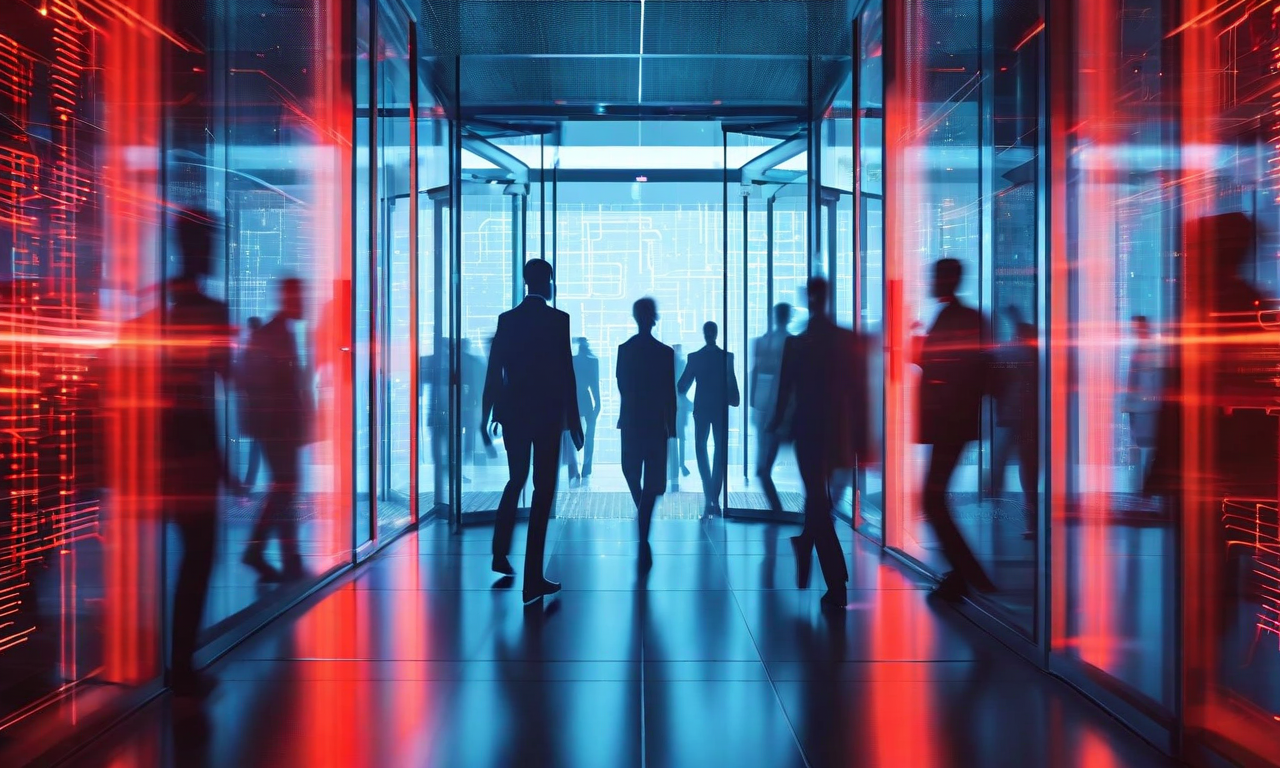 AI研究機関の回転するドアを通じて、複数の研究者や技術者のシルエットが次々と流出していく様子を表現した抽象的なイラスト。人物たちはモーションブラーで描かれており、急速な人材流出と組織の不安定性を象徴している。背景には現代的な研究施設とAI関連の要素が薄れていく。