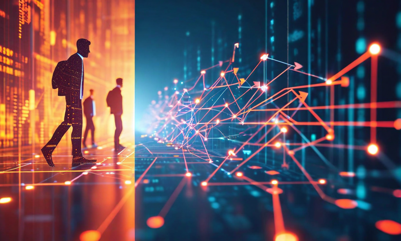 インセンティブのミスアライメントがもたらす組織的リスクを表現した抽象的なビジュアル。左側は個人の短期的利益を追求する人物と上昇する矢印を示し、右側は離職者が知識を持ち去ることで組織構造が分断・脆弱化する様子を描いている。中央では個人の利益と組織の長期目標が相反する方向に分岐する矢印が表示されている。