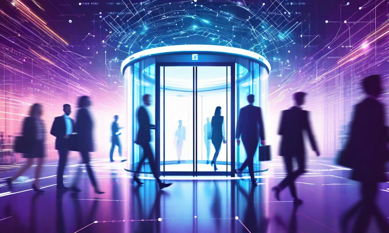 A revolving glass door with silhouettes of professionals moving through it, surrounded by abstract AI and technology elements representing high turnover in AI research organizations