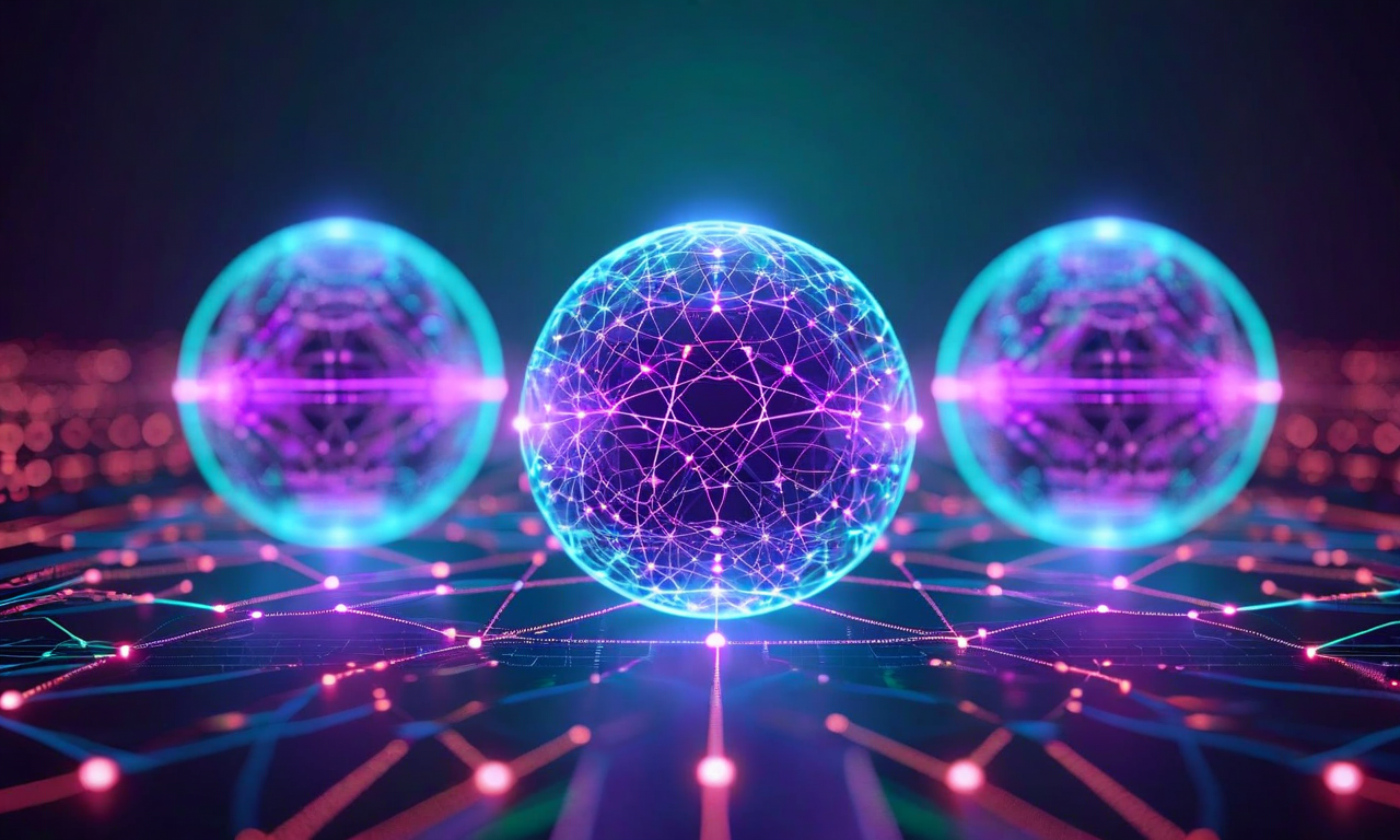 LLMの行動形成に影響する3つの要因を示す抽象的な視覚化。訓練データ構成、アライメント技術、デプロイメントアーキテクチャの3つの球体が相互に接続され、中央の焦点に向かって収束している。各要素は異なる視覚的パターンで表現され、グローエフェクトと流動的な接続線で相互依存性を示している。