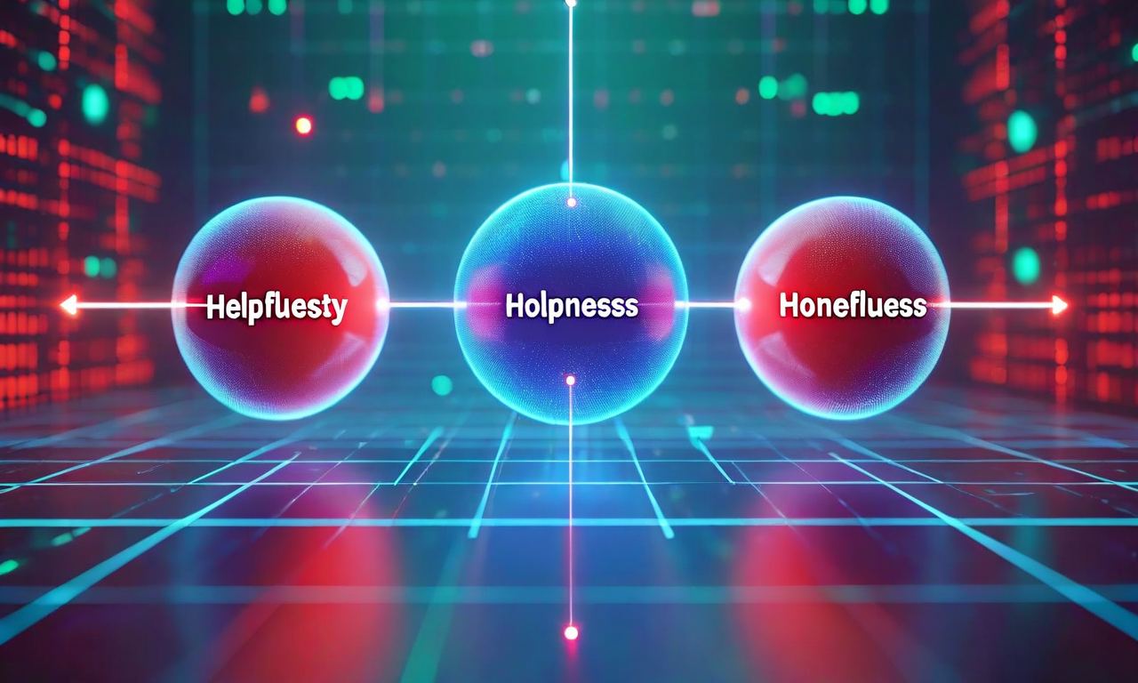 3次元座標空間を示す抽象的なビジュアライゼーション。3本の軸が相互に交差し、それぞれHelpfulness(有用性)、Honesty(正直性)、Harmlessness(無害性)を表現している。この空間内に複数の色付きの球体が異なる位置に配置されており、各々が異なるLLMモデルを表している。軸は異なる色で発光し、背景には数学的な空間を示唆する微細なグリッドパターンが見られる。