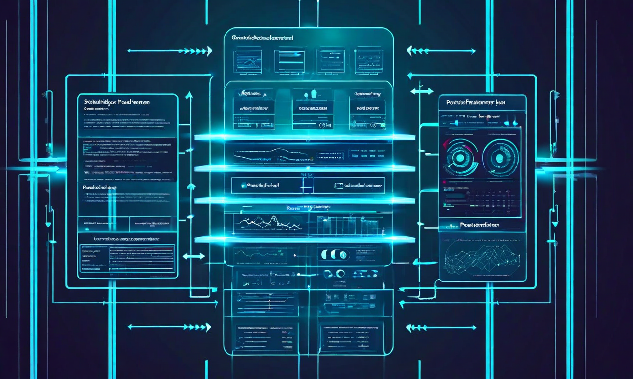 参照アーキテクチャの全体像を示すシステム図。下部のガードレール層(セキュリティゲートとポリシー実行機能)、中央の監視層(リアルタイム追跡と分析ダッシュボード)、上部のフィードバックループシステムが双方向矢印で接続されており、各層間のデータフロー統合ポイントが視覚化されている。青とティール色のモダンな技術的デザインで表現されている。