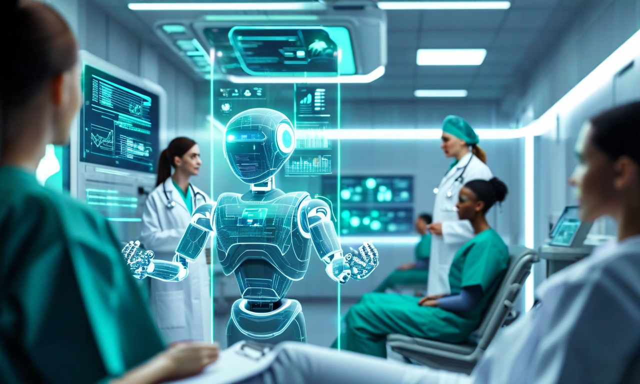 医療現場でAIチャットボットが患者と医療スタッフの間に位置し、デジタルインターフェースを通じて患者情報の表示、トリアージ評価、医療専門家との協働を行っている未来的なシーン。ホログラフィック表示と青緑色の照明が技術統合を強調し、人間の医療専門知識とAIの協働による患者ケアを表現している。