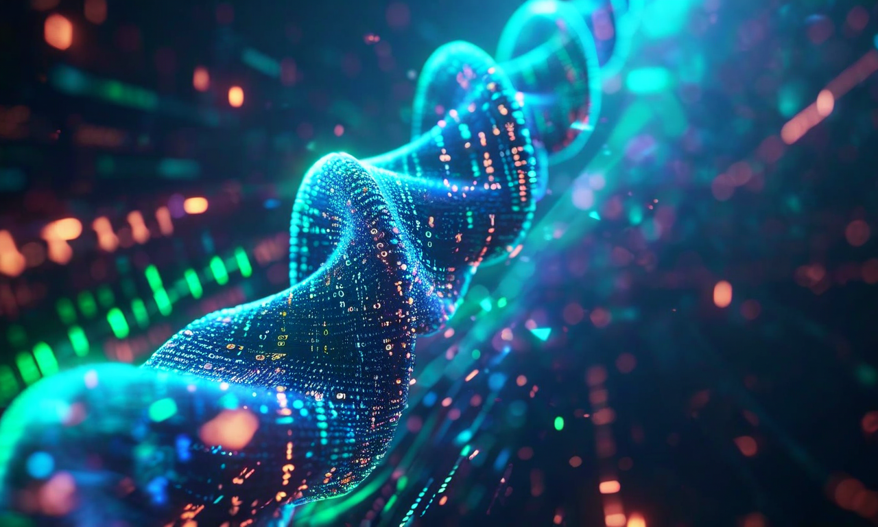 デジタルコードの流れとDNA螺旋が融合し、加速する時間軸と粒子が周囲を取り巻く未来的なビジュアル。ネオンカラーの回路パターンと分子構造が動的に組み合わさり、AI技術とバイオテクノロジーの急速な進化を表現している。