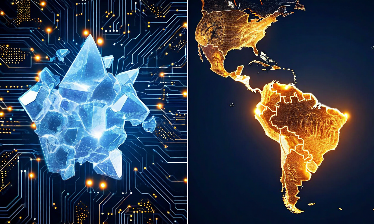 Split-screen visualization comparing lithium-ion and sodium-ion battery technologies, showing lithium's concentrated geographic distribution versus sodium's abundant availability, with crystalline structures and battery cell cross-sections on a dark technological background