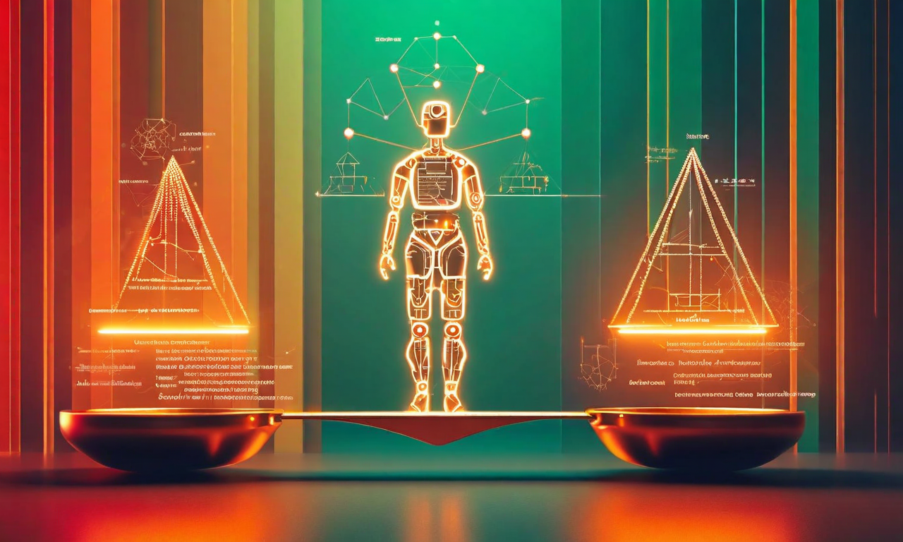 AI companionshipの規制バランスを示すスケール図。左側に過度な規制による創新阻害を表す重い錘、右側に不十分な規制による害のリスクを表す軽い錘が配置されている。中央の均衡点には人間とAIが調和的に相互作用する様子が描かれており、最適な規制領域を示唆している。背景には赤（過度な規制）から緑（バランス）、オレンジ（不十分な規制）へのグラデーションスペクトラムが表示されている。