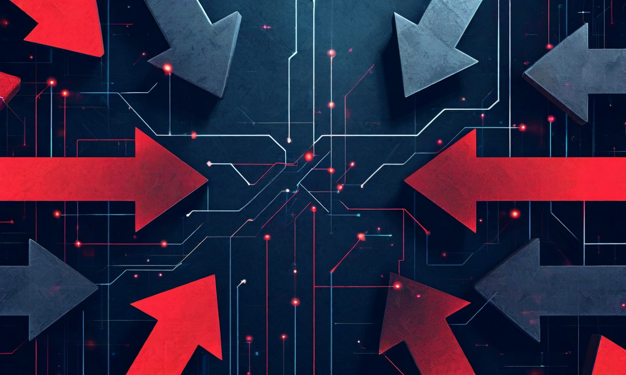 デジタル権利が規制圧力を受ける状況を表現した抽象的なイラスト。複数の矢印が異なる方向を指し、規制当局、企業、個人の対立する緊張関係を示す。暗いトーンの色合いで不確実性と圧力を表現している。