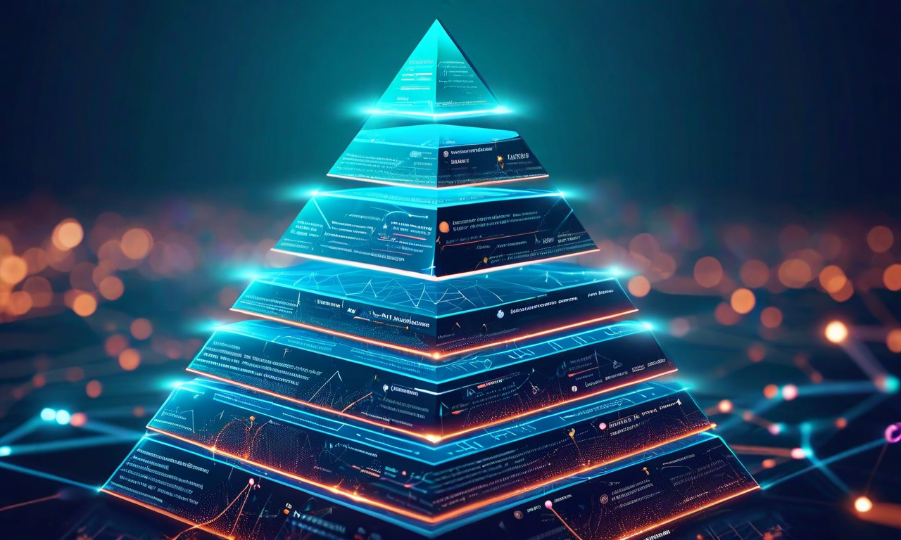 リスク軽減戦略の三層構造を示す図。下層は政策提言とステークホルダー関与、中層は内部プロセス調整、上層は長期的適応力を表現。各層は相互作用を示す矢印と発光線で接続されており、統合的なアプローチを強調している。