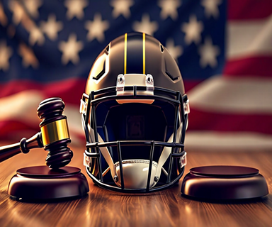 A football helmet and judge's gavel positioned together on a wooden surface, symbolizing the Department of Justice's antitrust case against the National Football League