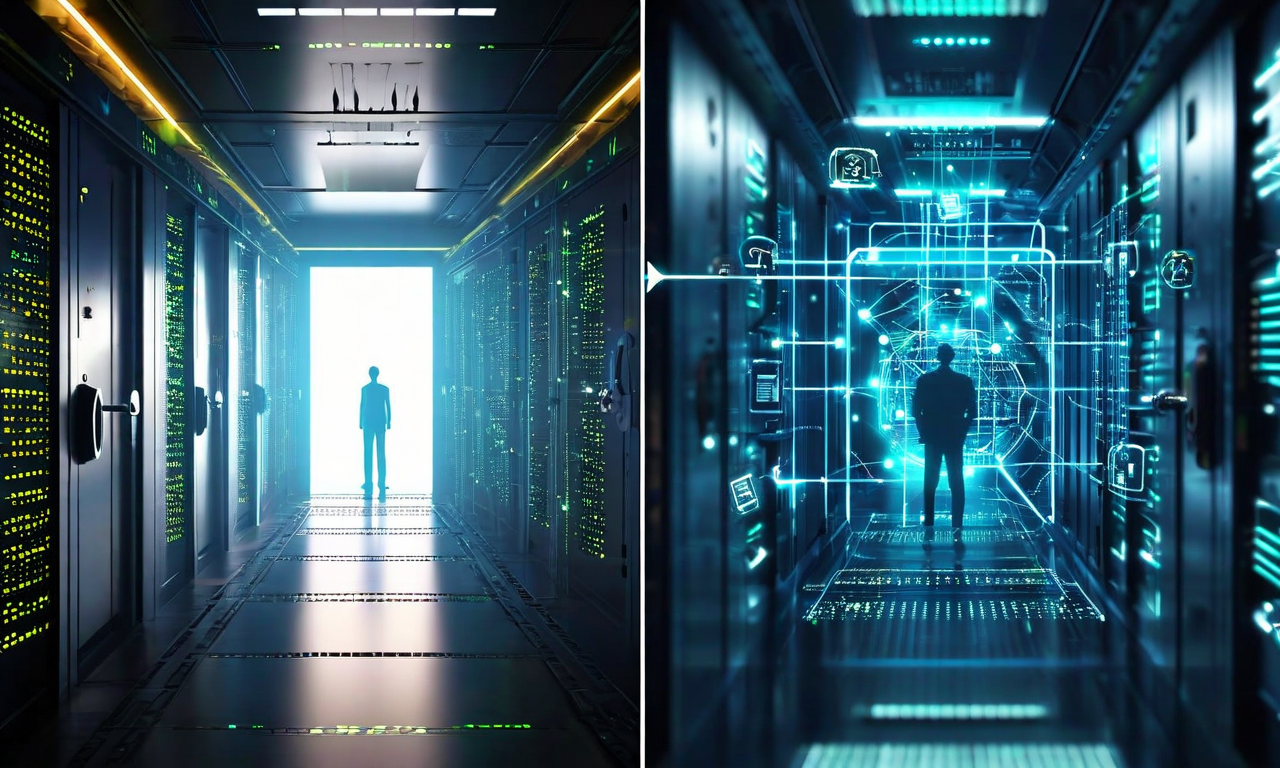 情報の非対称性から根本的な透明性への進化を表現した二分割イメージ。左側は従来の保険会社が保有する閉ざされた情報と顧客との知識ギャップを表現し、右側はリアルタイムで双方向に共有される透明なシステムを表現している。中央の移行要素が進化のプロセスを象徴している。