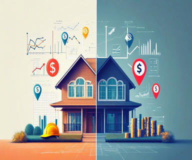 Split illustration comparing housing market value and replacement cost, showing a house with market indicators on one side and construction cost elements on the other, separated by a widening gap representing the inflation-driven coverage disparity