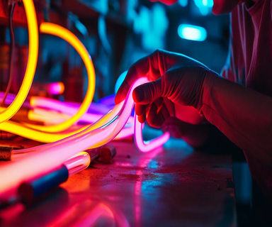 Close-up of glowing neon tubes in warm colors being crafted in a workshop, highlighting the artisanal process of traditional neon sign making