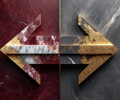 A split composition showing an upward arrow, half solid and aspirational, half fragmenting into particles, symbolizing the paradox of institutional critique and ambition