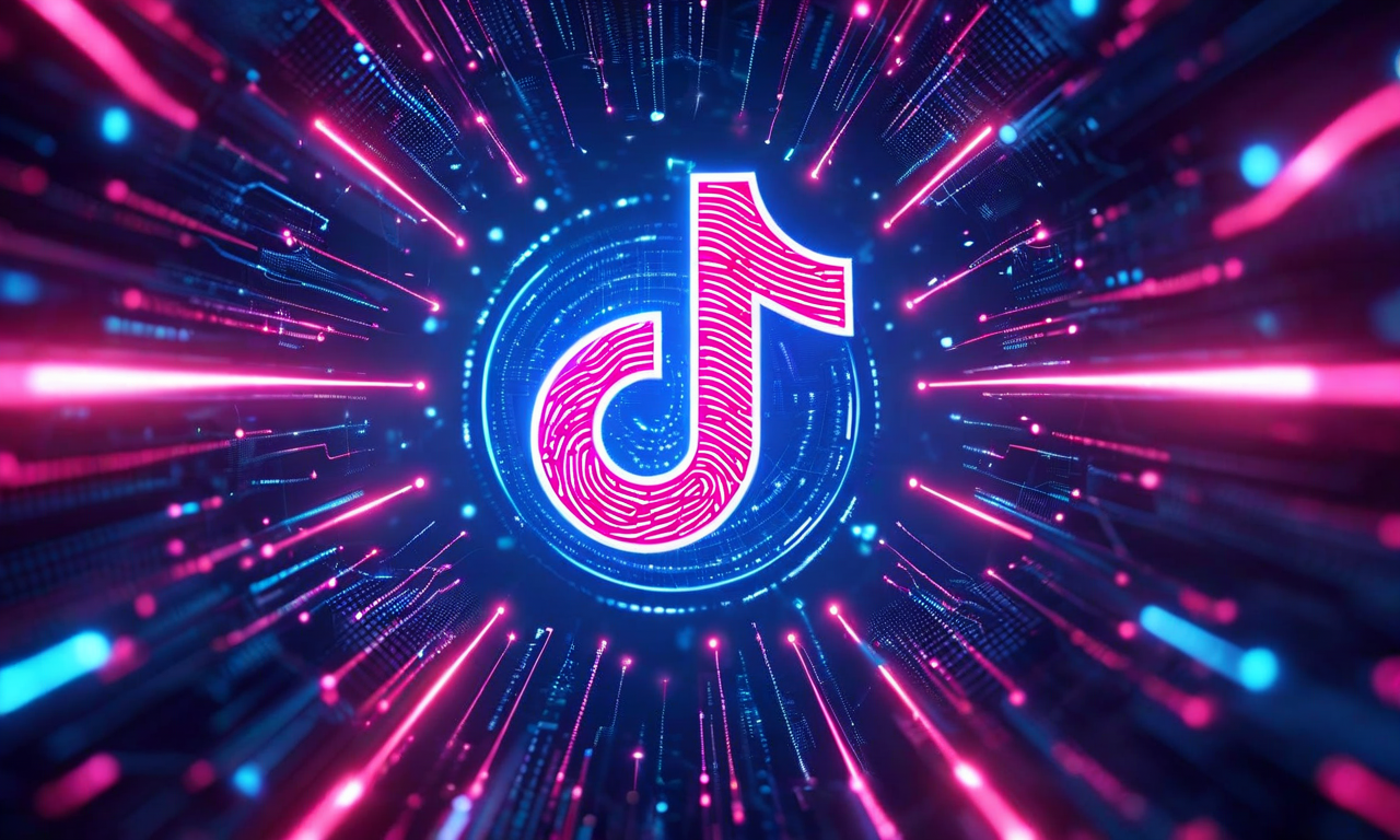 TikTokの中央ロゴを囲むように、生体認証、デバイスフィンガープリント、閲覧履歴、推定属性などの複数のデータストリームが発光する線と粒子で収束していく未来的なデジタルイラスト。深い青と紫のグラデーション、ネオンアクセント、透明な幾何学的レイヤーで表現されたデータ集約の視覚化。