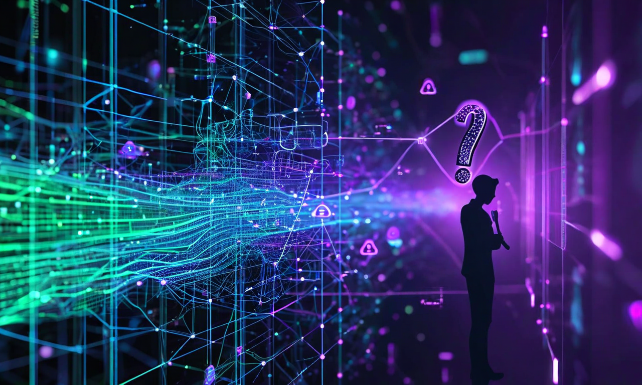 ブラックボックス時系列モデルの説明可能性危機を表現した抽象的なビジュアル。左側には青と緑の時系列データストリームが複雑なニューラルネットワークの層を流れ、紫と青緑色に光るノードと接続が見える。中央には隠れた層が暗い影に覆われた深層学習アーキテクチャが描かれ、不透明性を象徴している。右側には疑問符と虫眼鏡を持つ人間の姿があり、透明性と理解を求める様子を表現。ニューラルネットワークの複雑さと人間の理解のギャップが、破断した接続と断片化した光線で強調されている。