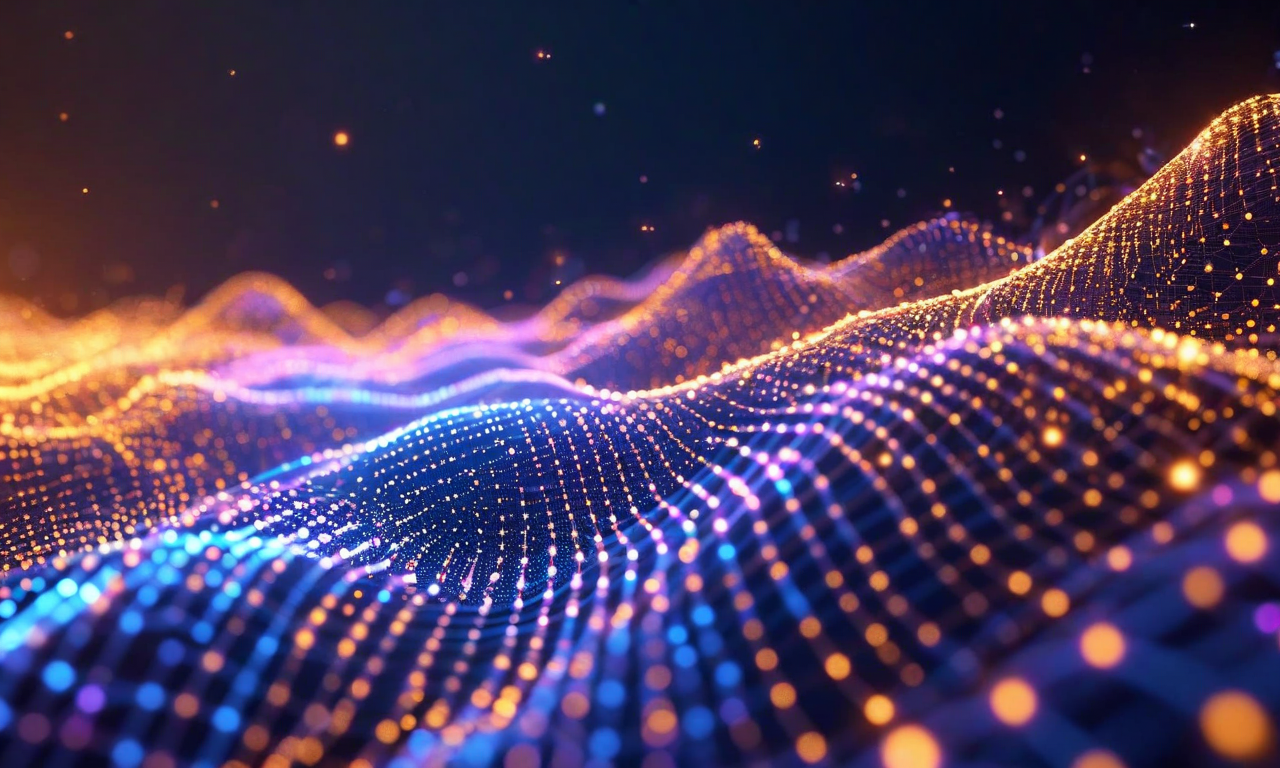 高次元の時系列パターンが左側の複雑な波形として表現され、中央の圧縮ファネルを通じて低次元のスパース潜在空間へ変換される抽象的なビジュアライゼーション。右側では人間が解釈可能な特徴として表現される。データフローを示す光の粒子と軌跡が含まれている。