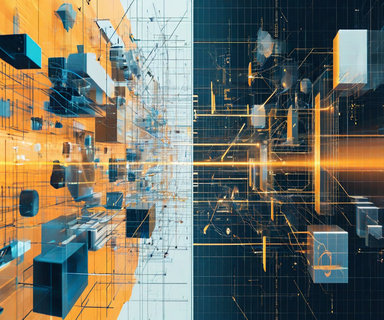 Split-screen visualization comparing fragmented AI visual perception on the left with robust, reinforced neural network processing on the right, connected by a gradient transition, illustrating the improvement of multimodal AI systems through adversarial training
