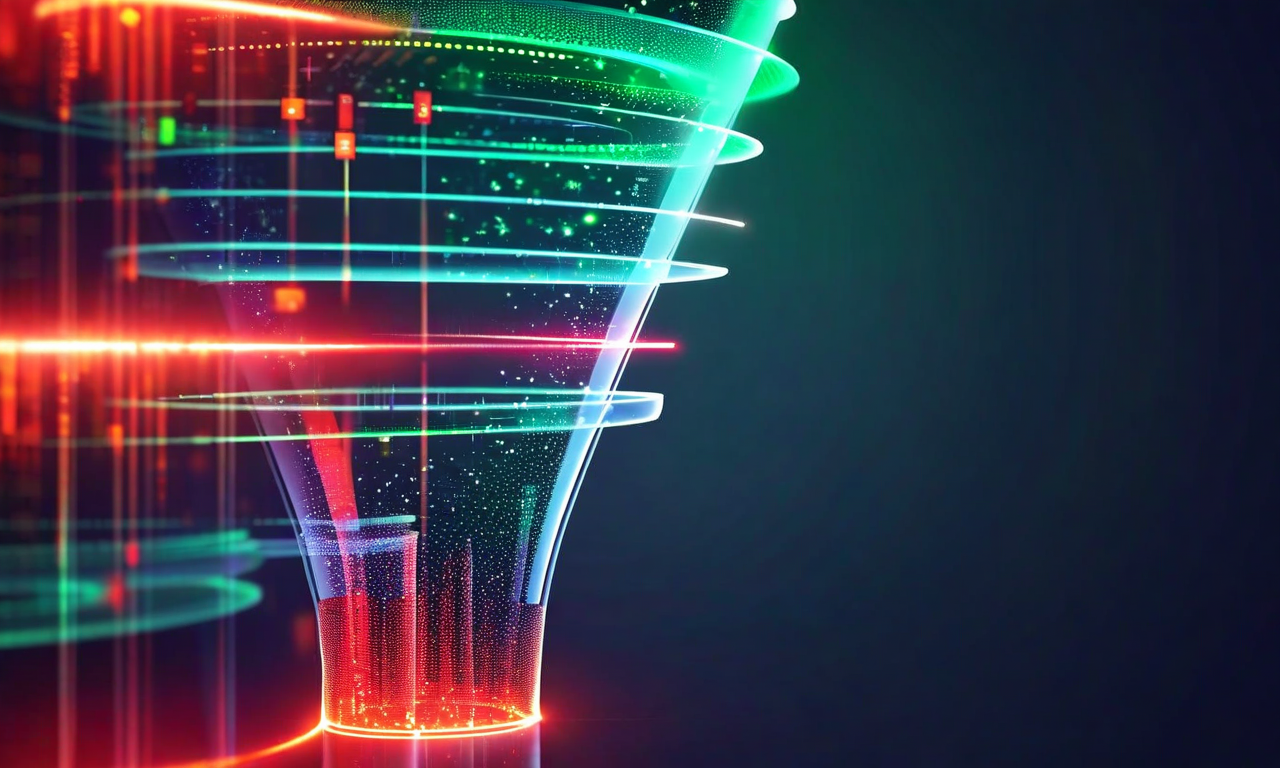 複数の段階的なフィルター層を持つ漏斗型の品質管理システムの視覚化。上部から下部へ流れるデータストリームが各層で段階的に検証され、不正なタスク(赤色の粒子)が除去される様子を表現。各フィルター層には効率指標が表示され、最終的に検証済みのタスク(緑色)が下部に到達する。