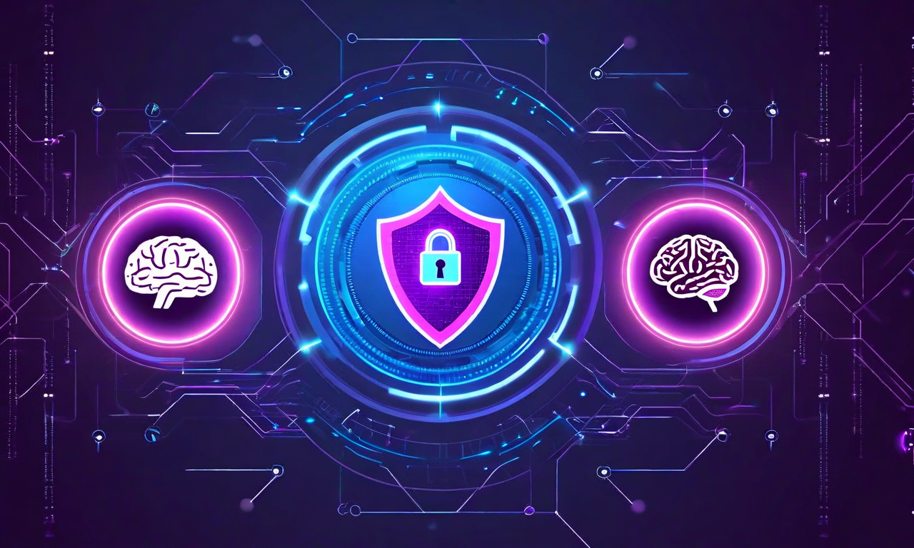 3つの主要リスク領域(プライバシー、セキュリティ、スキル低下)を象徴するアイコン(盾、鍵、脳)が中央に配置され、それぞれが層状の防御メカニズムに囲まれている。複数の同心円状の防御層が外側に広がり、デジタル接続と幾何学的パターンで表現されたリスク軽減戦略を示す。