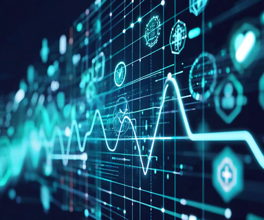 Abstract visualization of electronic health record data being transformed into discrete tokens, showing medical symbols and timeline events flowing through a processing gateway and emerging as structured geometric units, representing the tokenization process in healthcare AI models