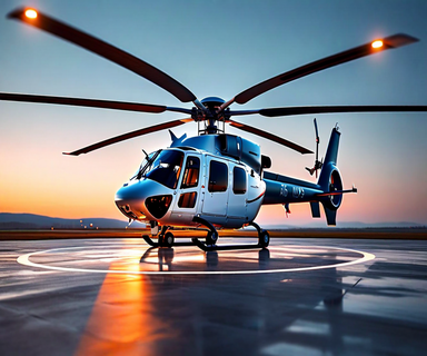 Commercial helicopter on landing pad with digital weight measurement visualization overlay showing precision aviation technology and safety systems