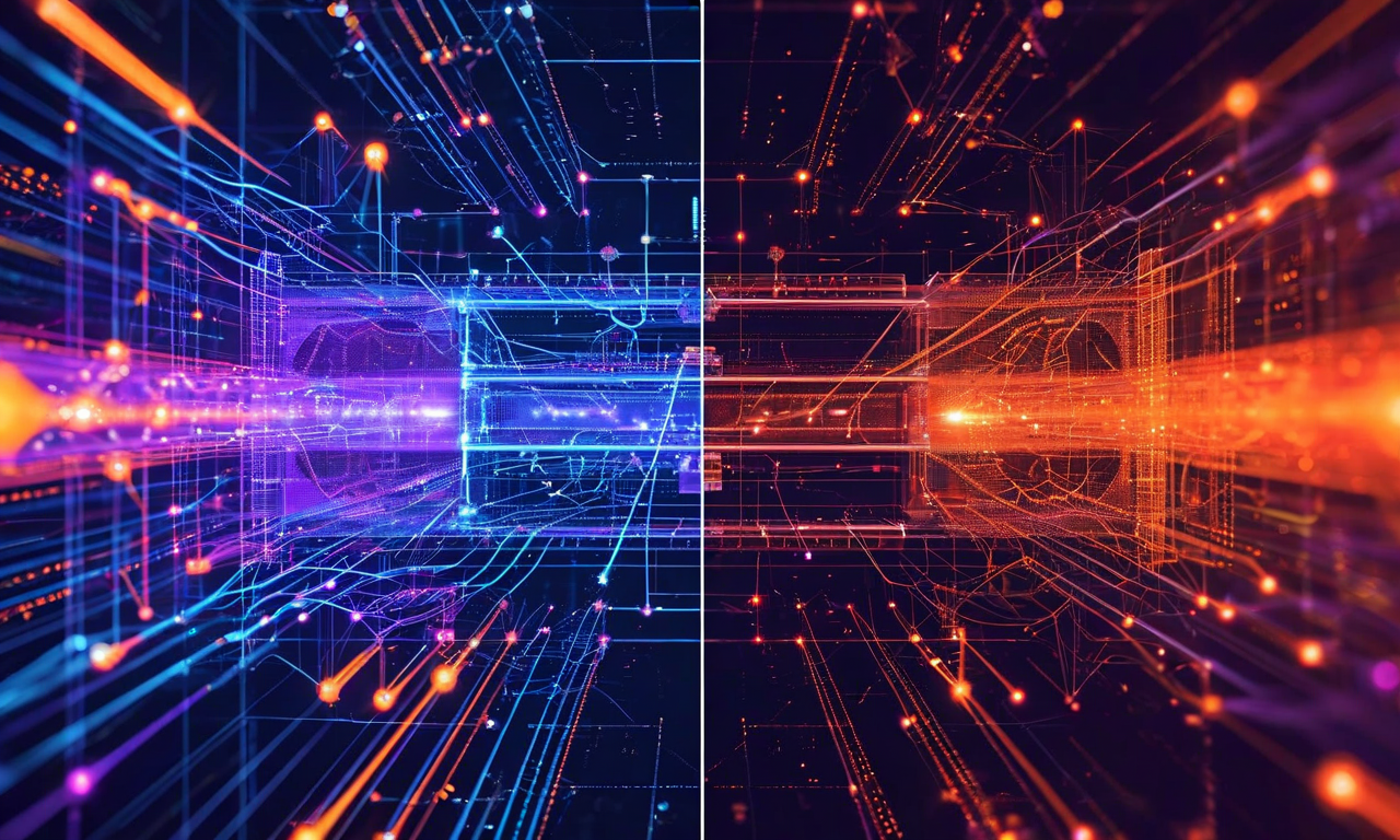 HL-LHCのリアルタイム粒子分類を表現した概念図。左側に量子インスパイアされたテンソルネットワークモデルの相互接続されたノードと青紫色のデータフロー、右側に従来のディープラーニングの多層ニューラルネットワークをオレンジ赤色で表示。中央にはLHC検出器の断面図とジェット衝突イベントが配置され、マイクロ秒スケールの処理制約と計算効率を示唆する視覚要素が含まれている。
