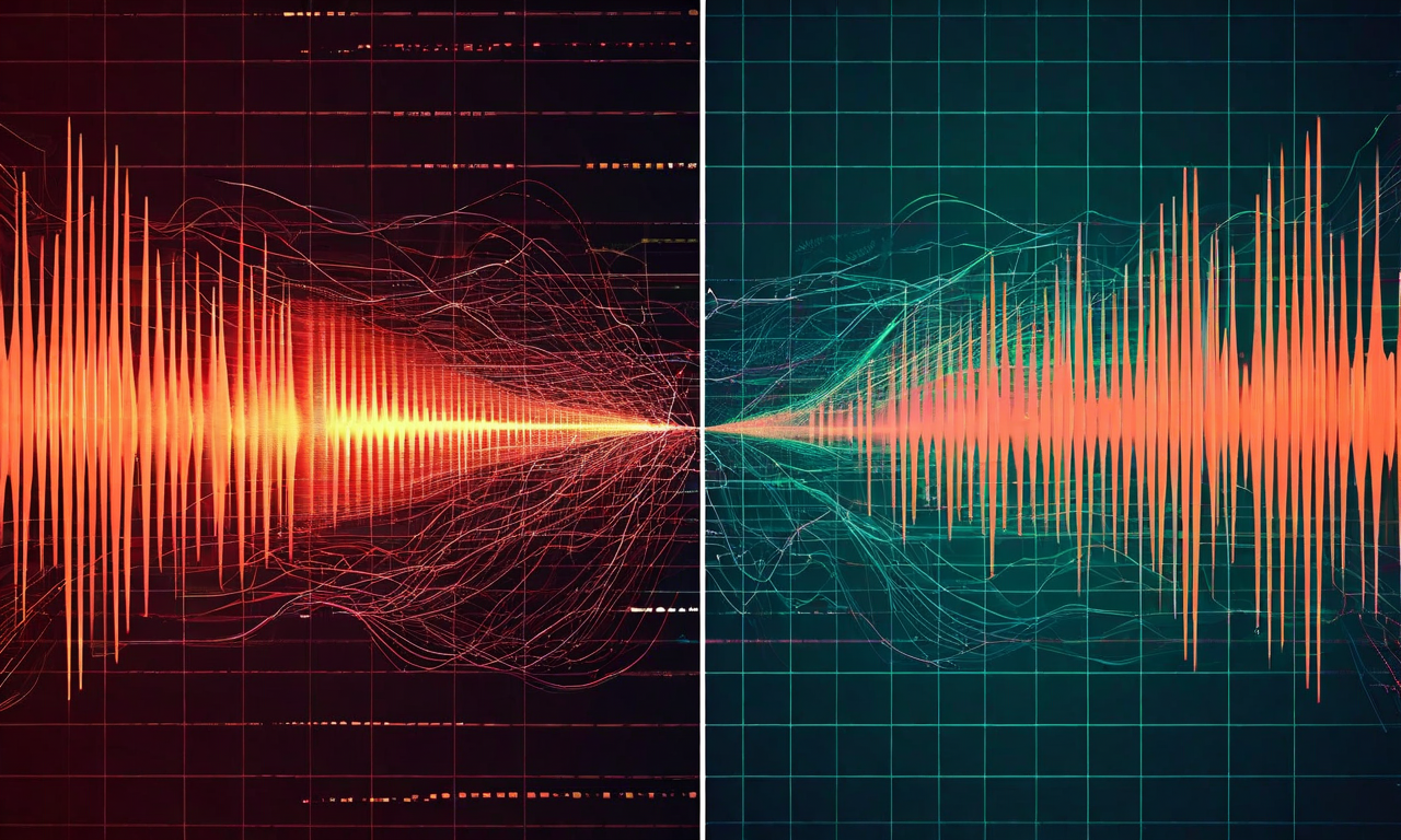 生センサー信号とフィルタ処理後の信号を比較する概念イメージ。左側には赤系の色でノイズに埋もれた不規則な波形が表示され、右側には青緑系の色でフィルタリング後の滑らかで意味のあるパターンが表示されている。時系列グラフ形式で、ノイズ除去により隠れていた信号パターンが明らかになる様子を視覚化している。