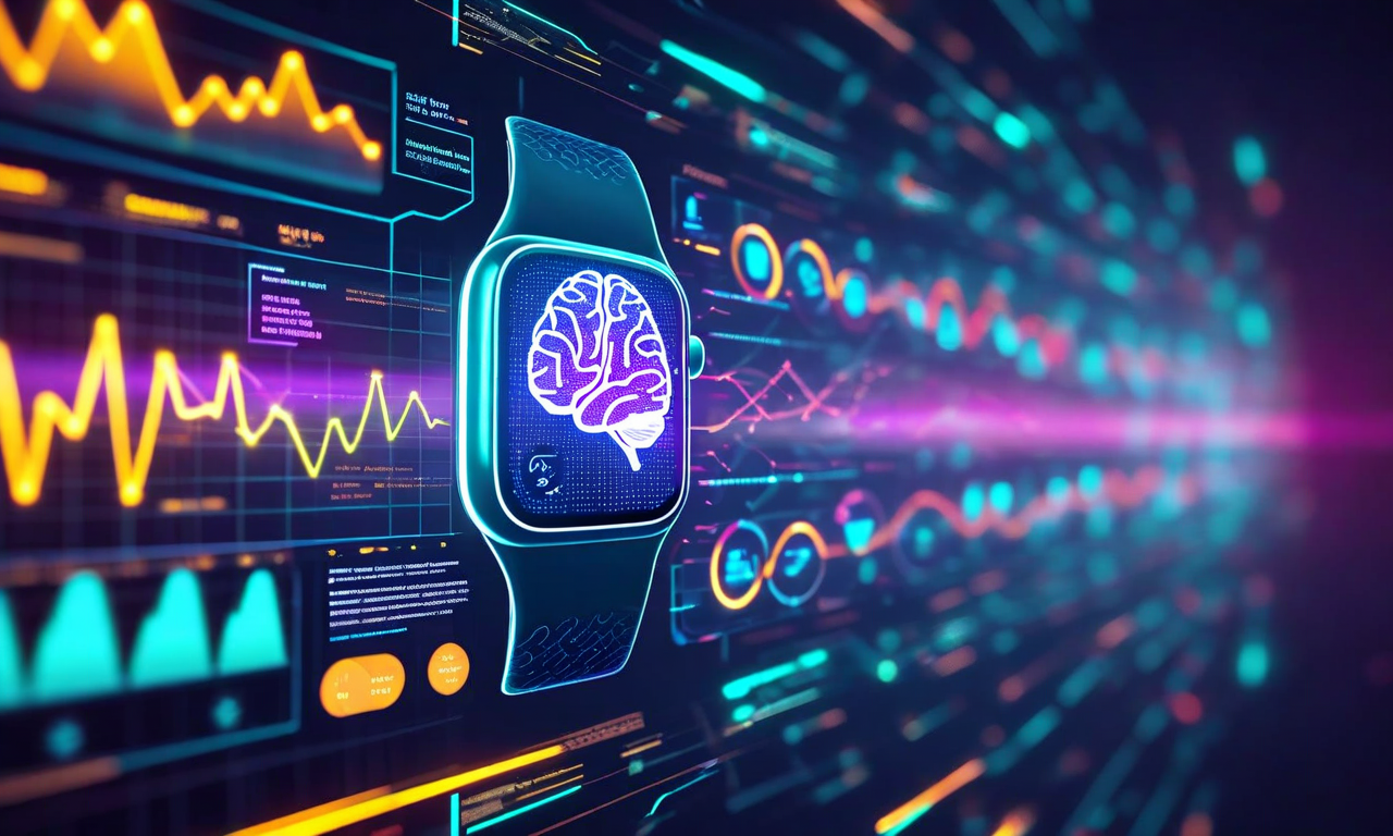 スマートウォッチから収集された生体データが、複数の処理ノードを通じて変換され、ユーザーの生産性最適化、集中力の可視化、疲労検出、学習効率改善などの実用的インサイトに変わるプロセスを示す概念図。左側にセンサーデータ、中央にデータ処理、右側に人間のシルエットと最適化された行動結果が表示されている。