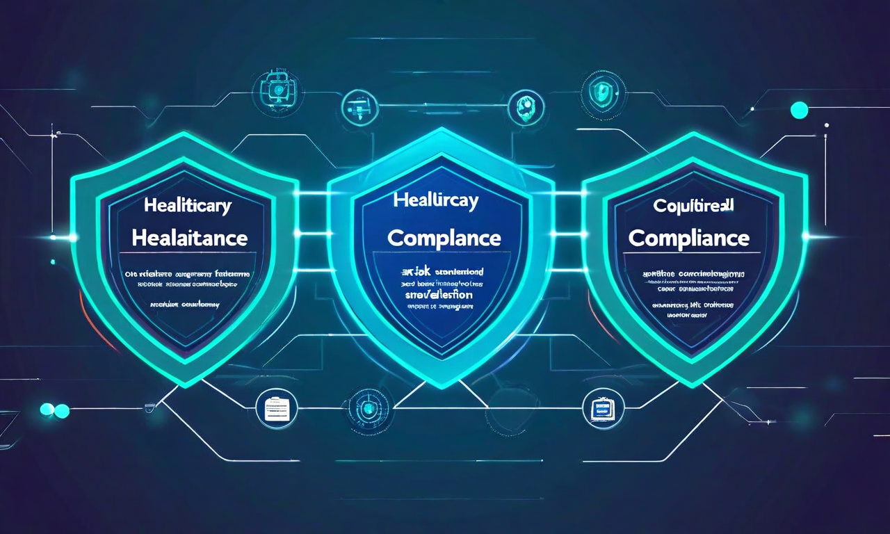 ヘルスケア業界のコンプライアンスと評判リスク管理を表現した図。規制要件、評判リスク、チャネル選定基準の3つの要素が相互に作用し、複雑な規制環境下でのリスク管理プロセスを視覚化している。セキュリティシールド、コンプライアンスチェックポイント、リスク評価ノードが統合されたシステムとして表現されている。