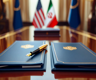 Diplomatic documents on an elegant desk with a fountain pen, symbolizing the pending U.S.-Iran agreement signing ceremony, with subtle international diplomatic elements in the background