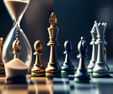 A strategic chess board with a player's hand hovering over pieces, juxtaposed with a clock or hourglass, representing the tension between patient negotiation strategy and time pressure in diplomatic discussions