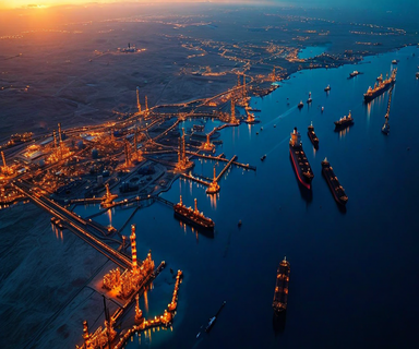 Aerial view of Persian Gulf energy infrastructure showing oil refineries, shipping lanes, and strategic installations along coastal areas with dramatic lighting conveying geopolitical tension